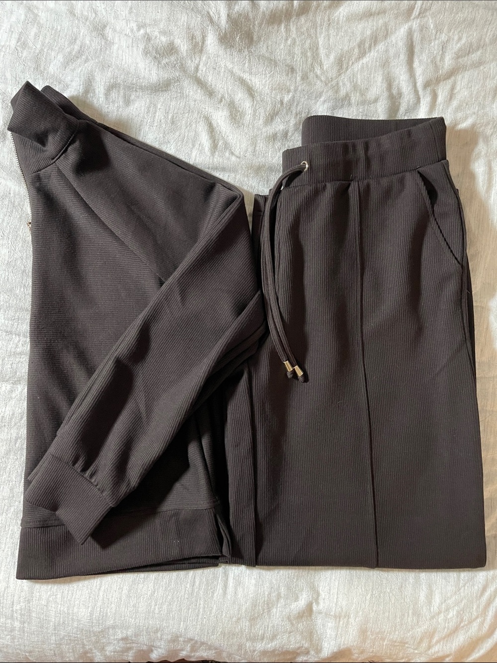 Cable & Gauge Zip-Up Ribbed Quarter Zip and Wide Leg Lounge Set